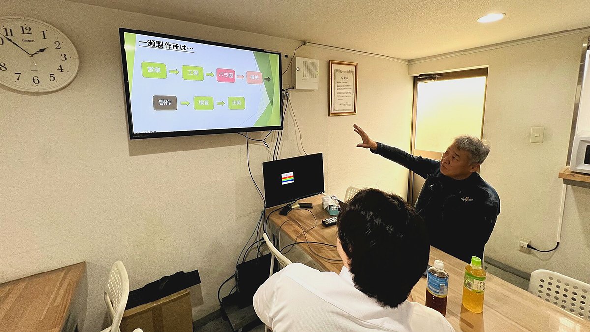 会社案内で、営業から出荷までの社内の流れを説明する株式会社一瀬製作所の社長